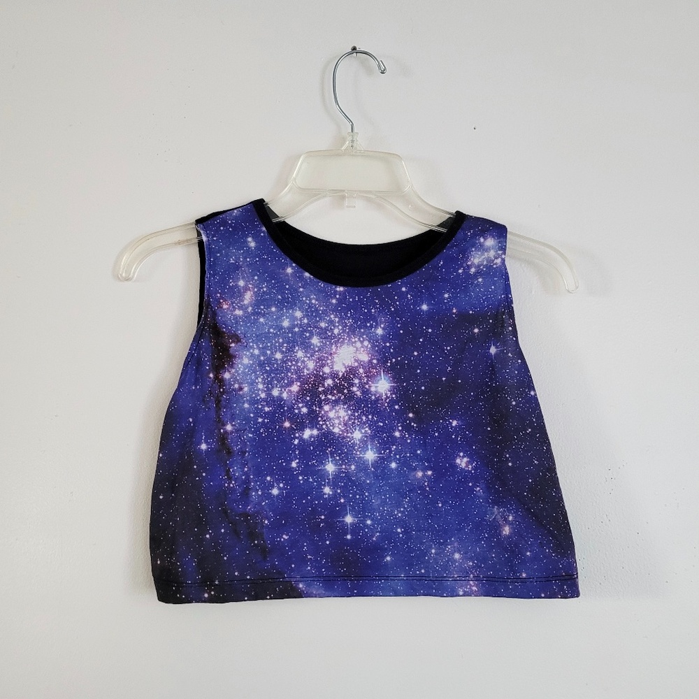 Sleeveless‎ Galaxy Print Crop Top Celestial Stars Space Black Purple // Small